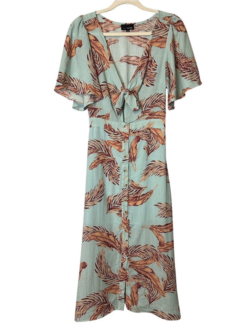 Lucy Paris Tropical Palm Tie Front Midi Dress Cottagecore Coastal Vacation XS